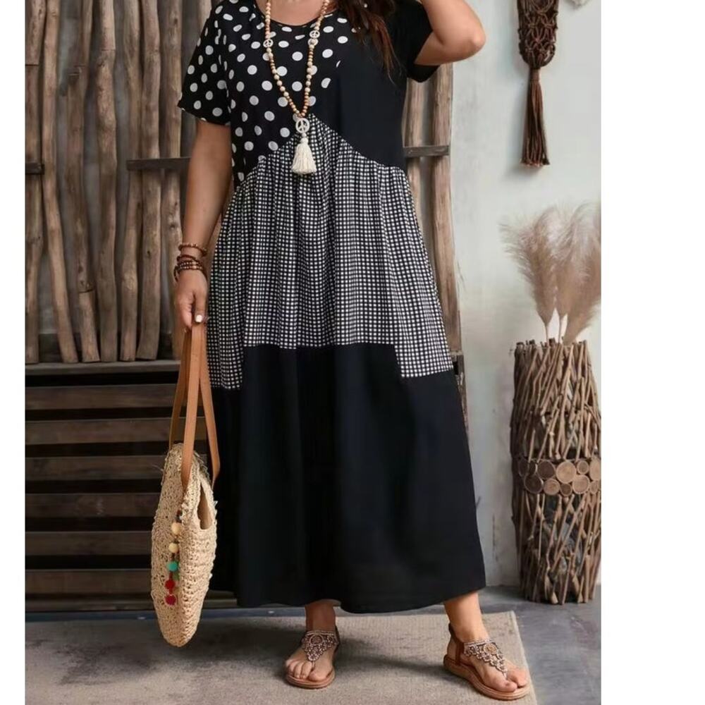 New Emery Rose Maxi Dress 1XL Plus Black White Polka Dot Gingham Patchwork Artsy